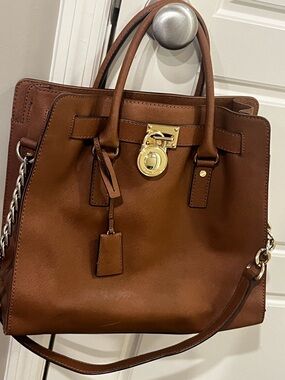 Michael Kors Brown Leather Tote Satchel with Gold Lock